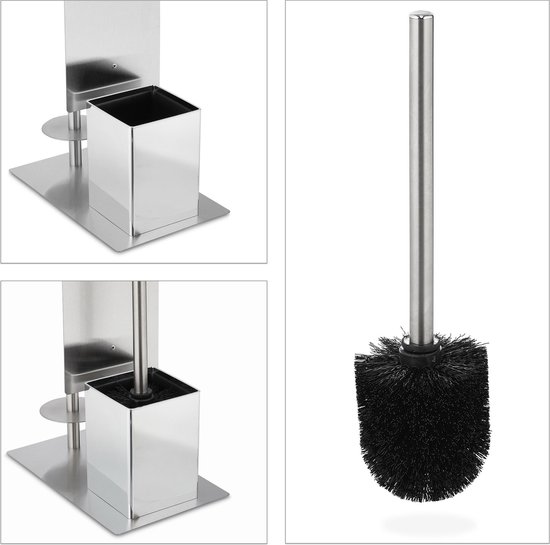 Zilverkleurige toiletrolhouder met rechthoekige wc-borstelhouder. Close-up van de houder en de zwarte borstel.