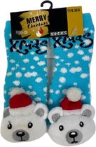 Kerstsokken - XMAS - Blauw / Witte stippen - Kerst beertje -  Maat 74 - 86 - Katoen - 1 paar - Merry Christmas Kerstsokken - Kindersokken - Anti-slip sokken