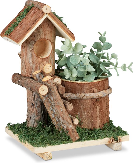 bloempot boomstam - met vogelhuisje en mos - binnen en buiten - bruin