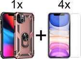 iPhone 13 hoesje Kickstand Ring shock proof case rose met zwarte randen armor magneet - 4x iPhone 13 Screenprotector