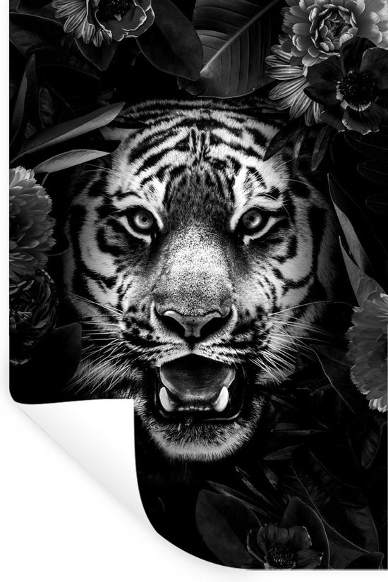 Stickers muraux - Film autocollant - Tête de tigre parmi les fleurs - noir  et blanc 