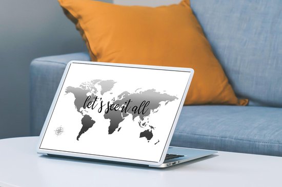 Laptop sticker - 14 inch - Wereldkaart zonder omlijningen een zwarte tekst - zwart wit - 32x5x23x5cm - Laptopstickers - Laptop skin - Cover