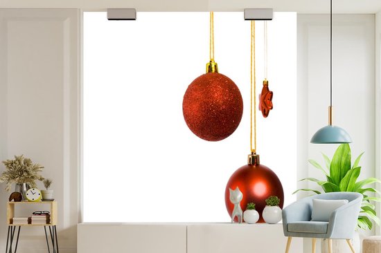 Papier peint Papier peint photo en vinyle - Une paire de boules de Noël rouges avec une étoile de Noël rouge largeur 300 cm x hauteur 300 cm - Tirage photo sur papier peint (disponible en 7 tailles)