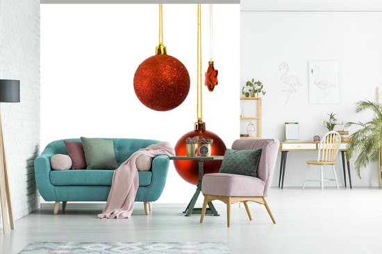 Papier peint Papier peint photo en vinyle - Une paire de boules de Noël rouges avec une étoile de Noël rouge largeur 300 cm x hauteur 300 cm - Tirage photo sur papier peint (disponible en 7 tailles)