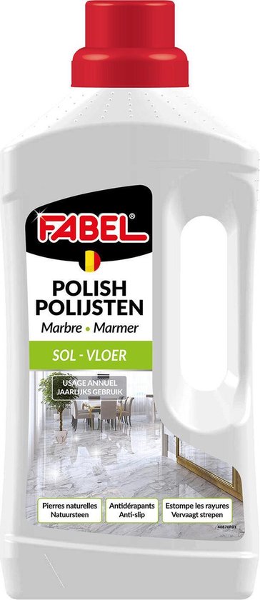 Witte plastic fles met rode dop, voor Fabel Polish polijstmiddel voor marmeren vloeren. Label toont Fabel logo en afbeelding van een gepolijste marmeren woonkamer.