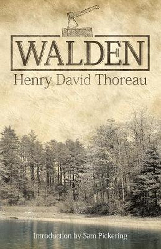 Boek kaft van Walden van Henry David Thoreau met een bijl boven de titel en een boslandschap.
