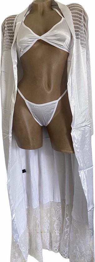 Ensemble lingerie 3 pièces long aspect satin taille unique 34-38 blanc