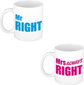 Mr right en mrs always right cadeau koffiemok / theebeker wit met blauwe en roze blokletters - 300 ml - keramiek - bruiloft / huwelijk / jubileum - geschenkmokken voor koppels