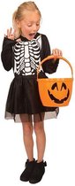 Halloweenkleedje zwart met witte skelet opdruk maat 116