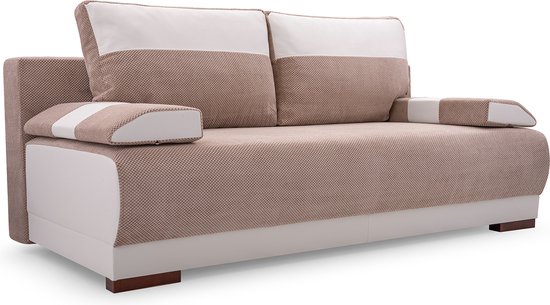 InspireMe 3-zitsbank voor woonkamer, slaapbank, sofa met slaapfunctie en opbergruimte, moderne bank, 3-zits - 196x92x85 cm, 196x140cm - NISA (Beige+Wit) - InspireME