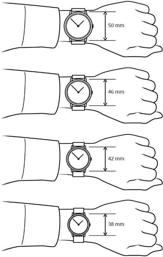 Illustratie van polsen met horloges van verschillende maten: 50 mm, 46 mm, 42 mm en 38 mm.