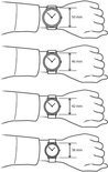 Illustratie van polsen met horloges van verschillende maten: 50 mm, 46 mm, 42 mm en 38 mm.
