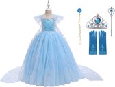 Prinsessenjurk meisje - Elsa jurk - Elsa verkleedkleding - Het Betere Merk - maat 128/134 (140) - Tiara - Kroon - Toverstaf - Handschoenen - Verkleedkleren Meisje - Carnavalskledin