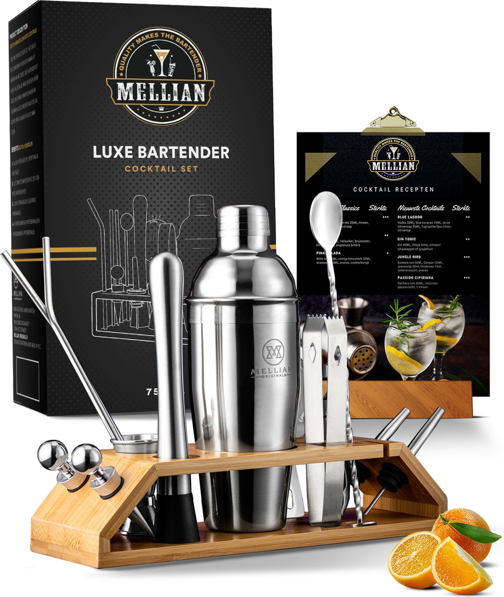 Mellian - Cocktail Set - 15-delige Cocktail Shaker Set - Inclusief Bamboe Standaard & Menukaart - Mellian