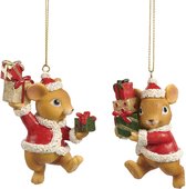 Viv! Christmas Kerstornament - muisje in kerstpak - set van 2 - rood bruin - 9cm