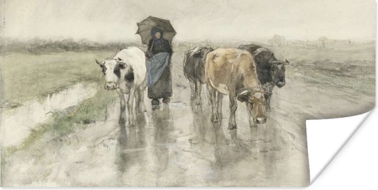 Poster Een boerin met koeien op een landweg in de regen - Schilderij van Anton Mauve - 40x20 cm