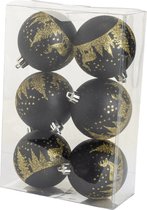 Cosy & Trendy Kerstballen zwart met gouden glitter 6 stuks - Kerstbomen - Kerstboomhanger - Kunststof - Dia 8 cm