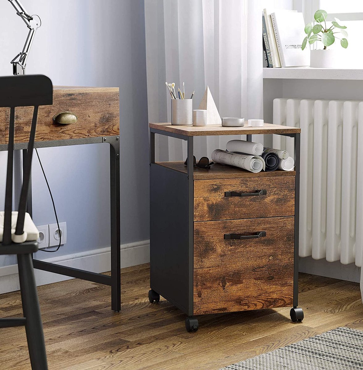 VASAGLE Bestandskast met 2 laden, rollende kantoorarchiefkast met wielen, open compartiment, stabiel stalen frame, industriële stijl, greige en zwart OFC071B02 VASAGLE Bestandskast met 2 laden, rollende kantoorarchiefkast met wielen, open compartiment, stabiel stalen frame, industriële stijl, greige en zwart OFC071B02