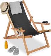 Relaxdays strandstoel hout - tot 100 kg - armleuning - ligstoel - campingstoel zwart