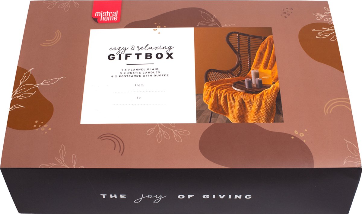 Mistral Home - Giftbox - Cadeau - Flannel plaid 130x170 cm met 3 rustieke kaarsen en postkaartjes - Okergeel