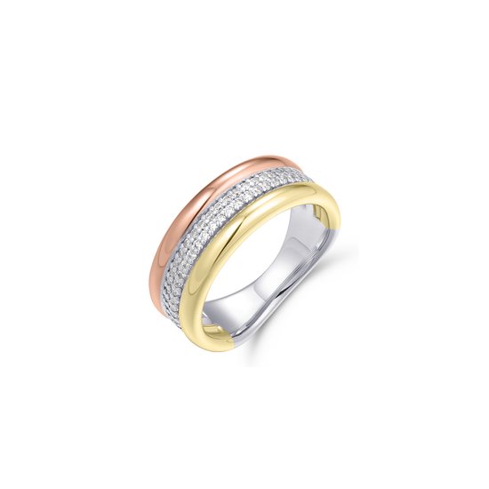GISSER Jewels R457 - Ring 925 Zilver Tri Color gezet met Zirkonia - 3 banen - 8mm breed