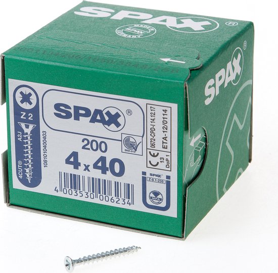 Spax Spaanplaatschroef Verzinkt PK 4.0 x 40 (200) - 200 stuks - Spax
