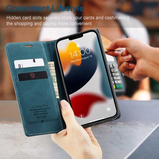 Bookcase de Luxe en cuir PU pour Apple iPhone 13 Pro | Étui en cuir de haute qualité | Étui portefeuille en cuir | Titulaire de la carte | Porte-monnaie | Bleu