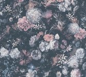 Livingwalls Mata Hari - Vintage design behang - Bloemenpracht met rozen - blauw grijs roze zwart - 1005 x 53 cm