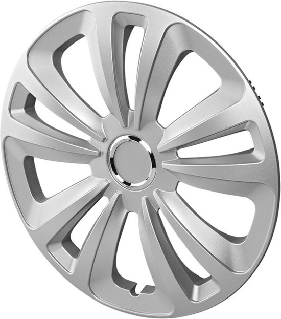 Zilvergrijze wieldop met 12 open spaken en een metalen ring, 13 inch.