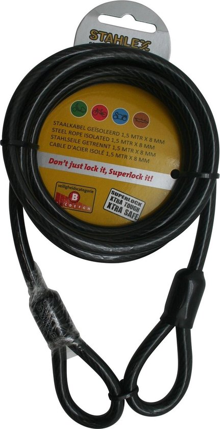 Zwarte Stahlex Superlock staalkabel, 1,5 mtr x 8 mm, in verpakking.