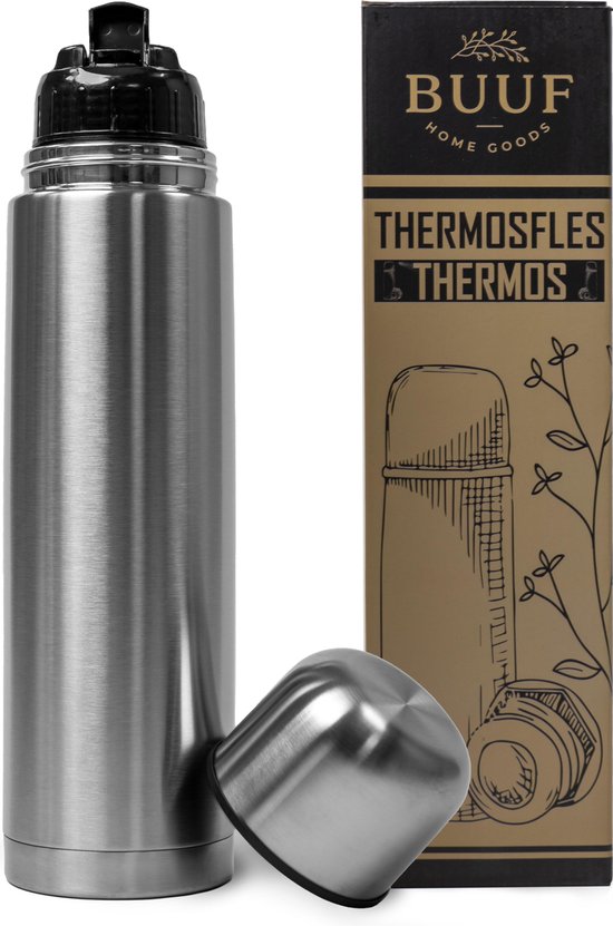 BUUF™️ Thermosfles 1 Liter - Isoleerfles - Thermosbeker - 24u/koud, 8u/warm - RVS - Zilver