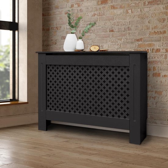 Cache radiateur avec motif nid d'abeille noir, 112x19x82 cm, en MDF laqué