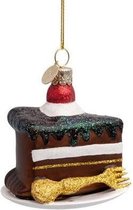 Glazen kerst decoratie hanger chocolade cake met gouden vork H8cm