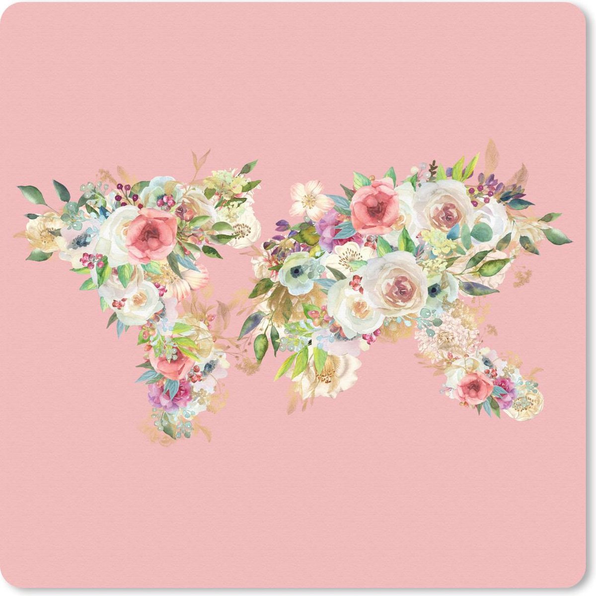 Muismat 30x30 cm - Mousepad Wereldkaart - Bloemen - Pastel - Muismatten