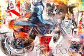 JJ-Art (Aluminium) 120x80 | Motor voor muur, abstract, woonkamer - slaapkamer | Motorfiets, graffiti, popart, vrijheid, rood, blauw, wit, modern | Foto-Schilderij print op Dibond /