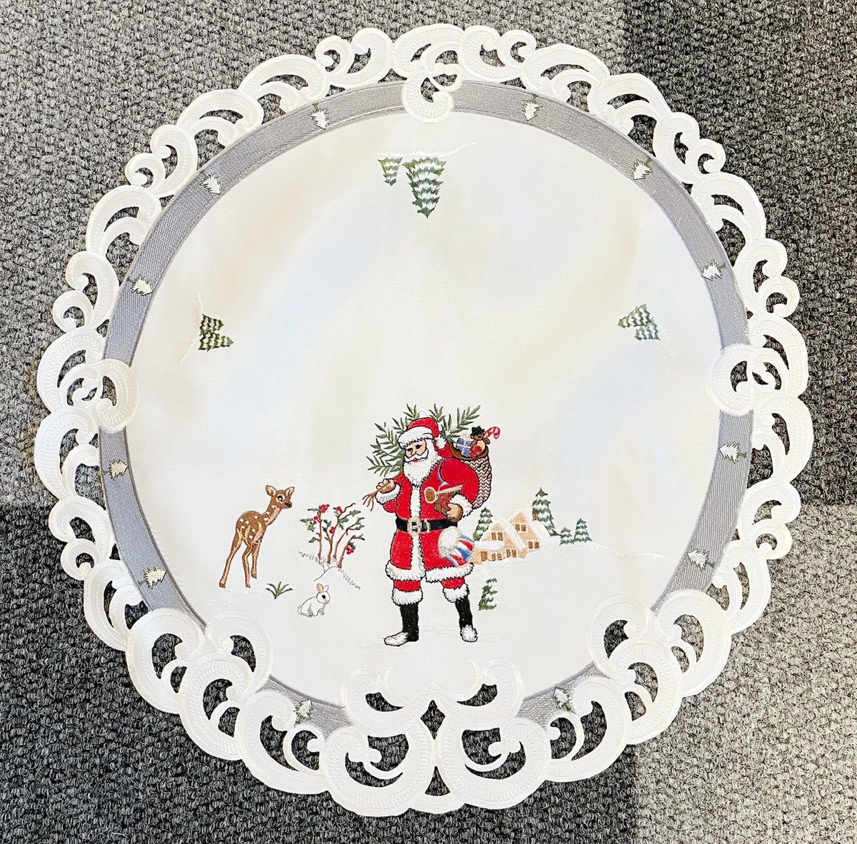 Tafelkleed - Kerst - Wit met grijze rand en kerstman - Rond 60 cm