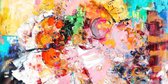 JJ-Art (Glas) 120x60 | Kersenbloesem - bloemen - kersen- fruit- geschilderde stijl, woonkamer - slaapkamer | bloesem, plant, boom, rood, wit, zwart, bruin, modern | Foto-schilderij