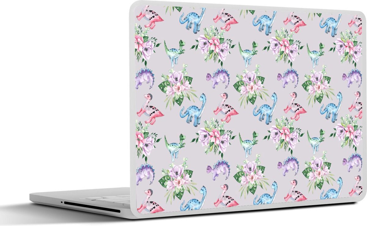 Laptop sticker - 17.3 inch - Kinderkamer - Dinosaurus - Grijs - Meisjes - Kinderen - Roze - 40x30cm - Laptopstickers - Laptop skin - Cover