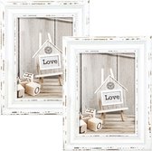2x stuks houten fotolijst vintage wit met metalen ophangketting geschikt voor een foto van 15 x 20 cm