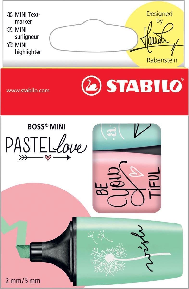 STABILO BOSS MINI Pastellove markeerstift, doosje van 3 stuks in geassorteerde pastelkleuren, PAK VAN 10