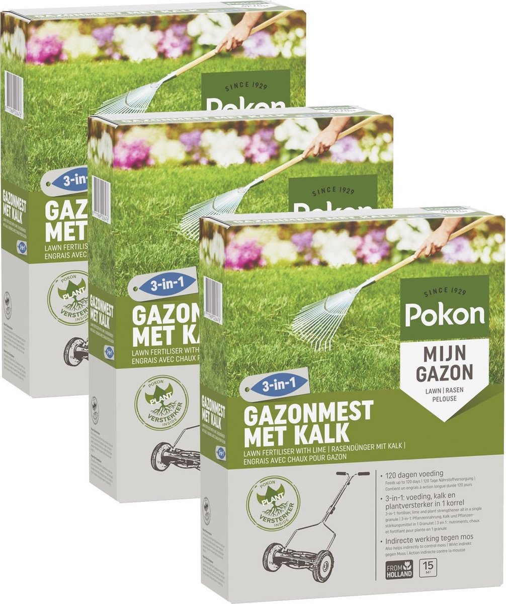 Pokon Gazonmest met Kalk - 3 x 1kg - Mest - Geschikt voor 3 x 15m² - 120 dagen voeding - Voordeelverpakking