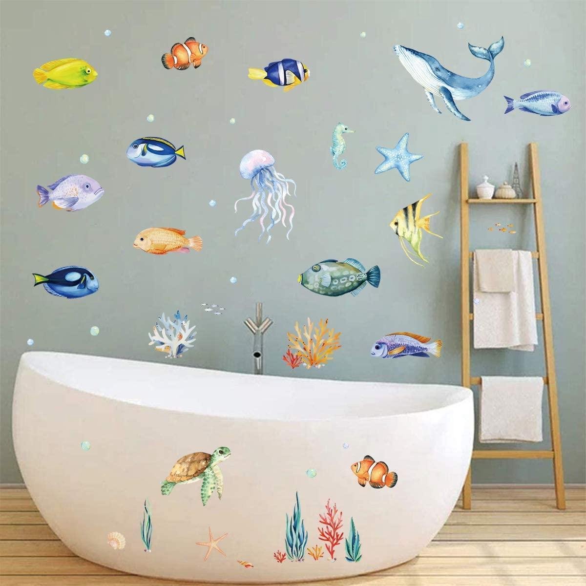Stickers Muraux Sous-Marin Wondever - Poissons, Tortues, Algues - 9 Feuilles 20x30cm