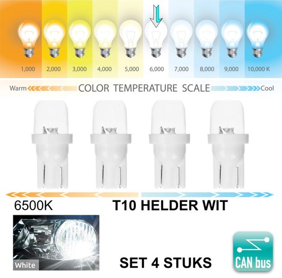 4x T10 Led Lamp (Set 4 stuks) W5W 12V 5W SMD Helder Wit 6500 Kelvin  CANBus... | bol.com
