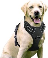 Hondentuigje Zwart Maat M - No pull - Anti trektuig - Middelgrote honden - Reflecterend - Hoeft niet over het hoofd aangetrokken te worden - Borstomvang 52-70 cm