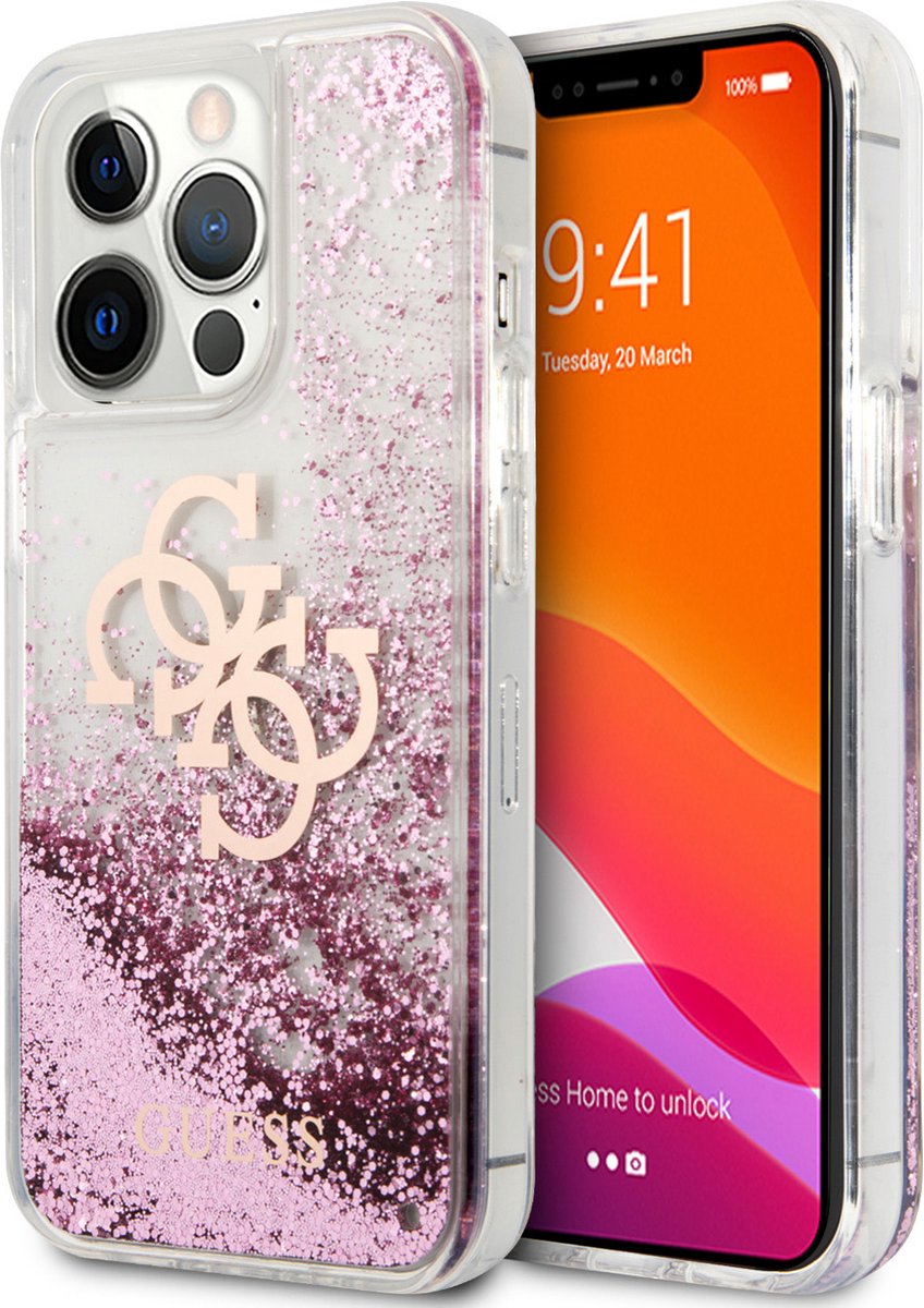 iPhone 13 Pro Backcase hoesje - Guess - Glitter Roze - Kunststof