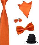 Luxe set stropdas inclusief vlinderstrik pochette en manchetknopen - Oranje - Sorprese - strik - strikje - vlinderdas - pochet - heren - nederlands elftal - Koningsdag