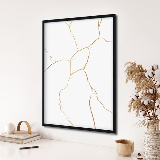 Akoestische panelen - Geluidsisolatie - Akoestische wandpanelen - Akoestisch schilderij AcousticPro® - paneel met gouden Japanse Kintsugi kunst - design 140 - Basic - 90X130 - Wit- Wanddecoratie - woonkamer - geluidsdemper - studio schuim