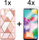 Samsung A41 Hoesje - Samsung Galaxy A41 Hoesje Marmer Roze Driehoek Print Siliconen Case - 4x Samsung A41 Screenprotector