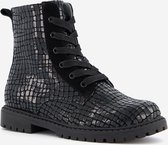 TwoDay leren meisjes croco veterboots - Zwart - Maat 31 - Echt leer - Uitneembare zool