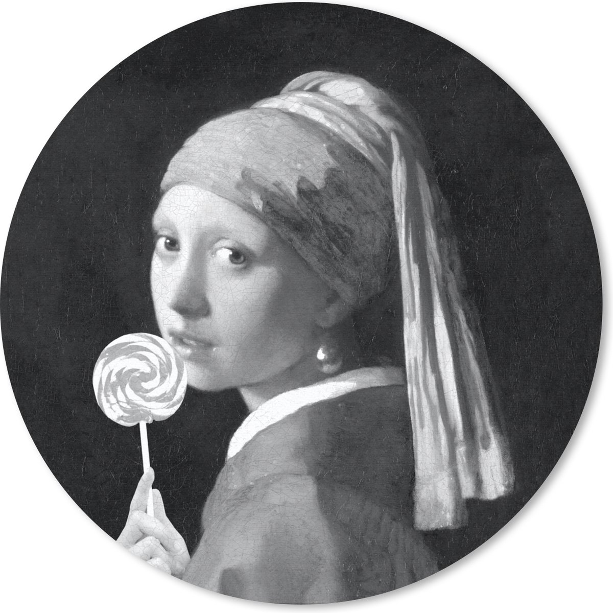 Muismat rond 20x20 cm - Mousepad Het meisje met de parel - Johannes Vermeer - Zwart - Wit - Ronde muismatten